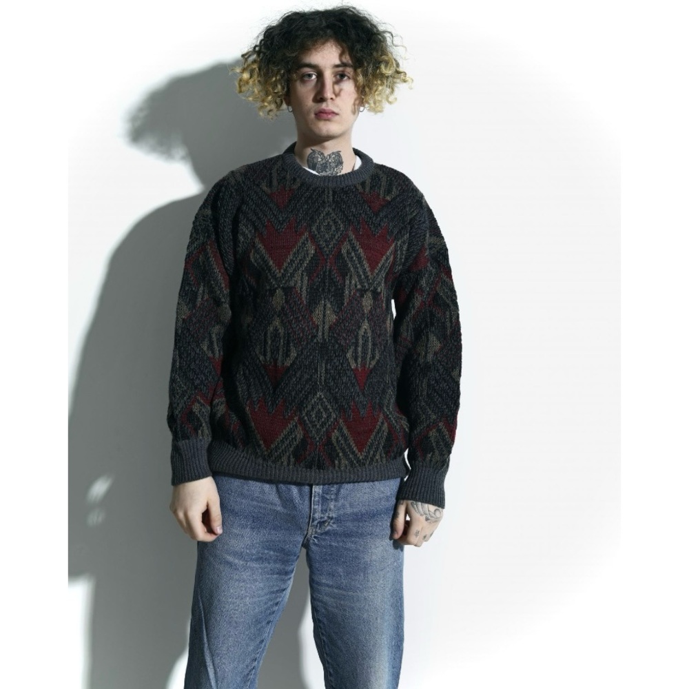 KAELIN | XL | Geometric Patterned Chunky Knit Wool Blend Thick Crewneck Sweater